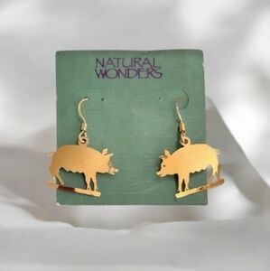 Vintage Wild Bryde Gold Tone Pig Dangle Earrings Signed Designer